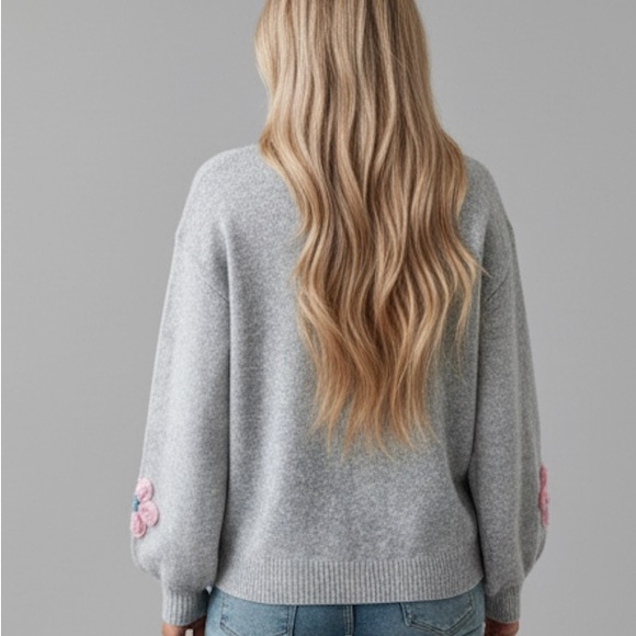 Floral Decor Round Neck Long Sleeve Sweater Grey - Picture 4 of 9